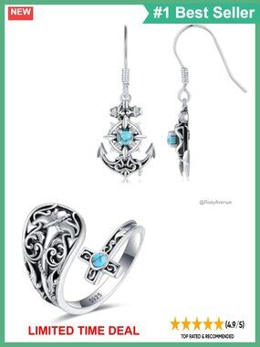 S925 Sterling Silver Turquoise Anchor Cross Ring & Necklace Gift Set